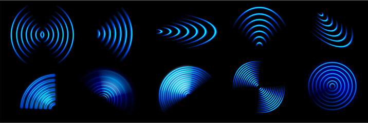 Wifi wave. 3d wifi blue neon light radial waves effect, abstract internet wireless glowing signal sign. Sound scan radar, mobile hotspot technology vector set. Digital technology, signal