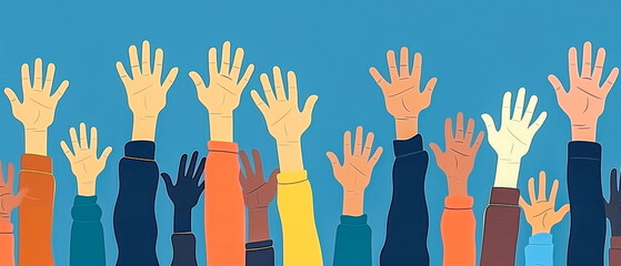 hands illustration on blue, concert with hands raised or a meeting
