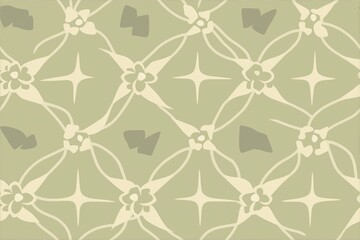 Fototapeta premium Elegant pattern features beige floral motifs and stars against an olive green background seamless pattern