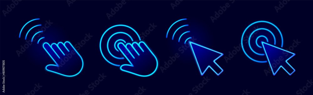 Poster touch wave. hand and arrow pointer cursor icons with neon light, movement and display click effect, 