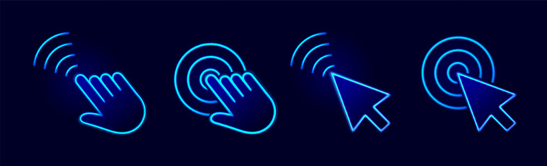 Touch wave. Hand and arrow pointer cursor icons with neon light, movement and display click effect, circle waves. Vector set. Clicking with finger and blue cursor pointer. Online sensor