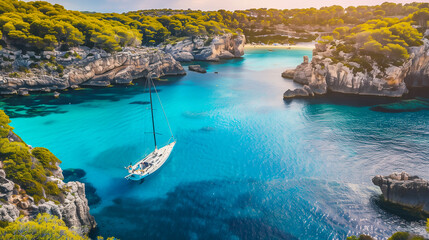 Drone Aerial Photo of a Sailing Yacht in the Transparent Turquoise Waters of an Island