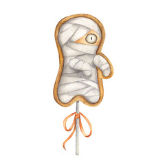 Hand-drawn watercolor Gingerbread on a stick in the form of a mummy