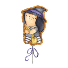 Hand-drawn watercolor gingerbread on a stick in the form of a little witch with a broom in her hat