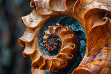 Close-up image showcasing intricate details and texture of a wooden spiral carving with a glossy finish