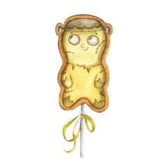 Hand-drawn watercolor Gingerbread on a stick in the form of Frankenstein