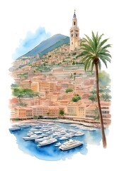 Monaco Country Landscape Watercolor Illustration Art