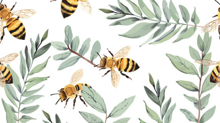 Seamless pattern with honey bees and acacia plant bra