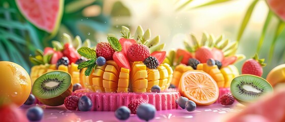 Vibrant 3D floating display of Brazilian tropical fruit desserts, colorful and fresh