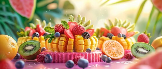 Fototapeta premium Vibrant 3D floating display of Brazilian tropical fruit desserts, colorful and fresh