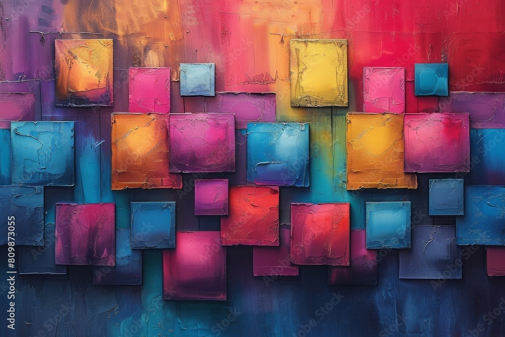 Poster a vivid abstract painting featuring textured squares in a dynamic colors that play with light and sh