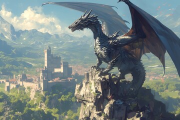 A black dragon with silver scales perched atop an ancient castle, overlooking the vast landscape of mountains and forests. 