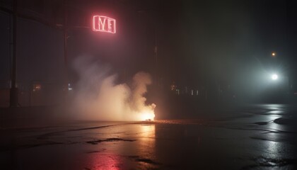 Wet asphalt, reflection of neon lights, a searchlight, smoke. Abstract light in a dark empty street with smoke, smog. Dark background