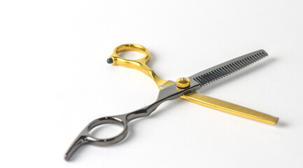 Composition with scissors and other hairdresser's accessories on white background, top view