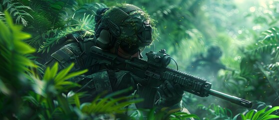 Tactical soldier navigating through dense foliage, ready with a combat rifle in a hostile environment