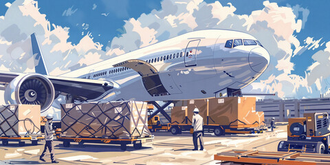an air cargo journey from Korea to Japan for an overseas direct purchase. The artwork captures the dynamic process of international shipping, starting with the preparation of goods