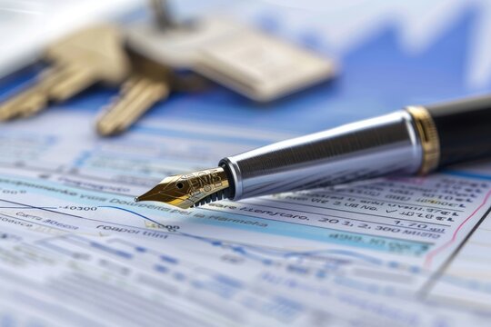Close-up of a fountain pen signing mortgage documents, with house keys in the background, symbolizing the home buying process.