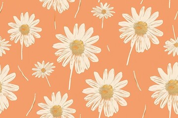 Floral pattern with white daisies on orange background and word 'daisies' written, nature themed design concept