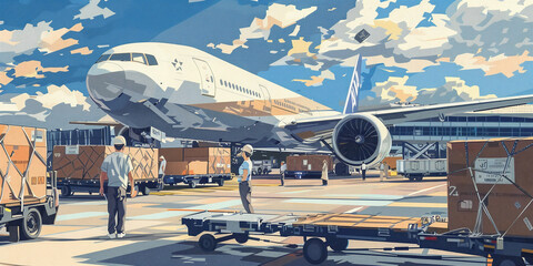 an air cargo journey from Korea to Japan for an overseas direct purchase. The artwork captures the dynamic process of international shipping, starting with the preparation of goods