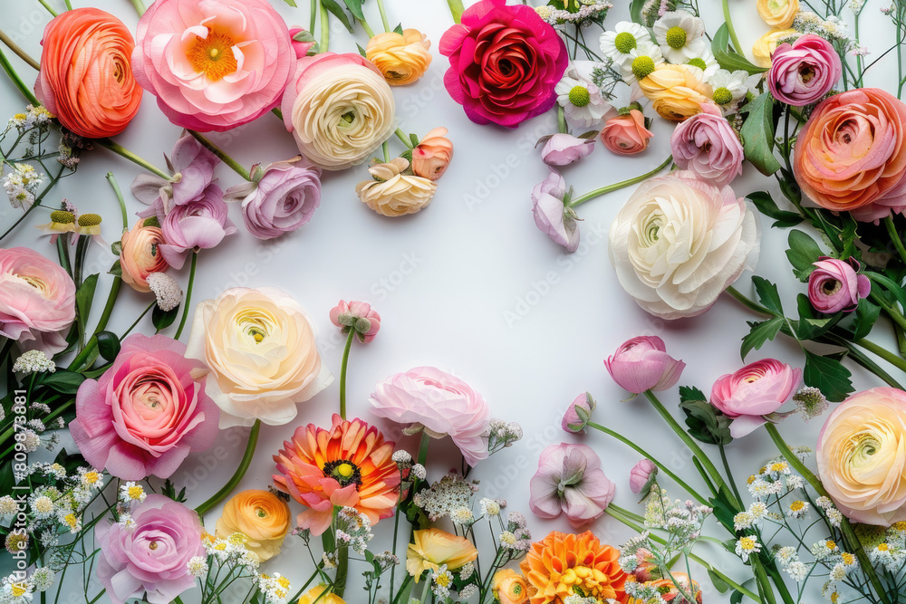 Aufkleber multiple colorful flowers are arranged neatly on a wooden table, creating a vibrant and fresh displa
