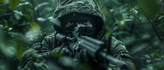 Stealthy soldier in a dense forest, peering through foliage with a rifle at the ready