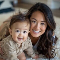 Happy Mom with her cute little baby boy mom playing with her cute baby son