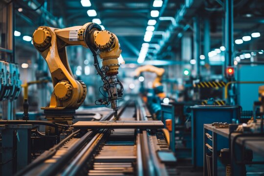 The industrial robot works automatically in the smart autonomous factory, illustration Industrial robot works, AI generated