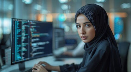 Saudi woman in hijab sitting at a desk with multiple monitors showcasing data