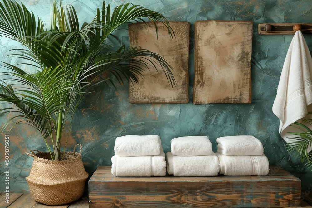 Poster an inviting image of a rustic styled bathroom featuring a set of fresh white towels stacked neatly o