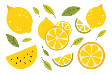 Set of lemons in doodle style. Collection of lemons on a branch, a slice of a lemon, half a lemon. Vector