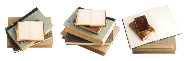 stacks of old vintage and antique books isolated over a transparent background, a blank open book...