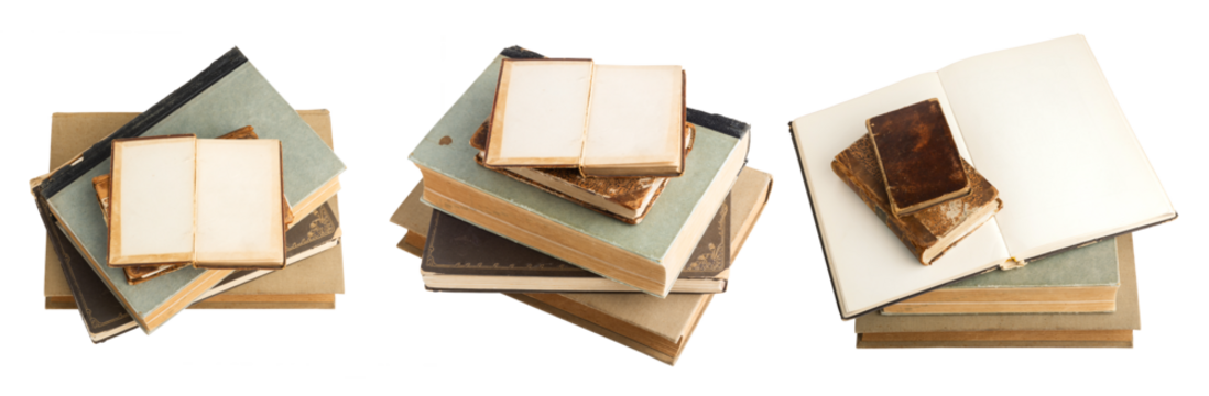 stacks of old vintage and antique books isolated over a transparent background, a blank open book on top with copyspace for your text, knowledge, learning, reading, school, literature design elements