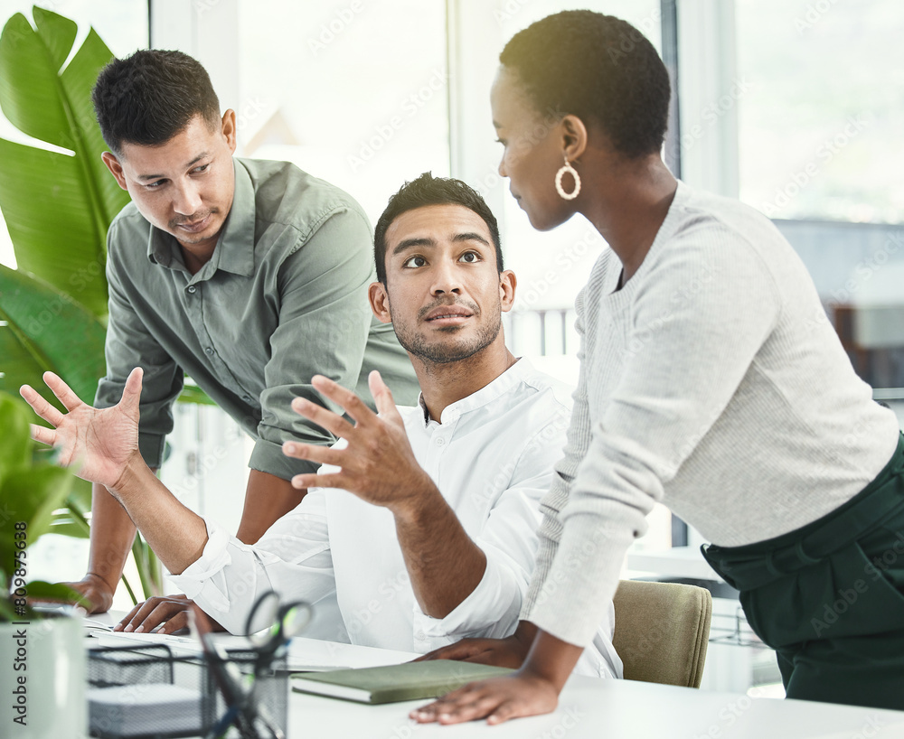 Poster business people, meeting and briefing with computer for planning schedule and tasks for company proj