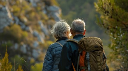 Rear view of an elderly couple during hiking