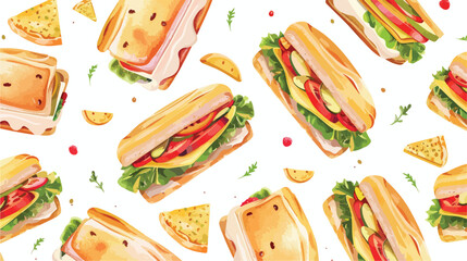 Seamless pattern with delicious sandwiches on white b