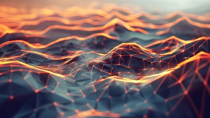 A 3D geometric landscape with glowing lines outlining abstract shapes, viewed in 8K