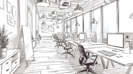 Monochrome drawing of interior of open co-working spa