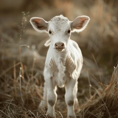 Little calf, cute cow baby portrait, young farm animal, pretty newborn cattle, natural rural life