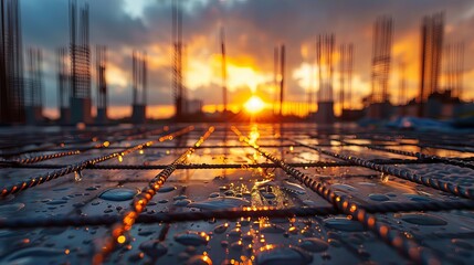 Macro shot of rebar with droplets reflecting the sunset, set against the ongoing work at a construction site