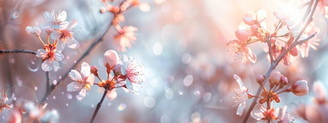 Obraz premium Closeup of delicate cherry blossoms in full bloom, with a blurred background of soft pink and white petals against the warm glow of sunlight filtering through the leaves.