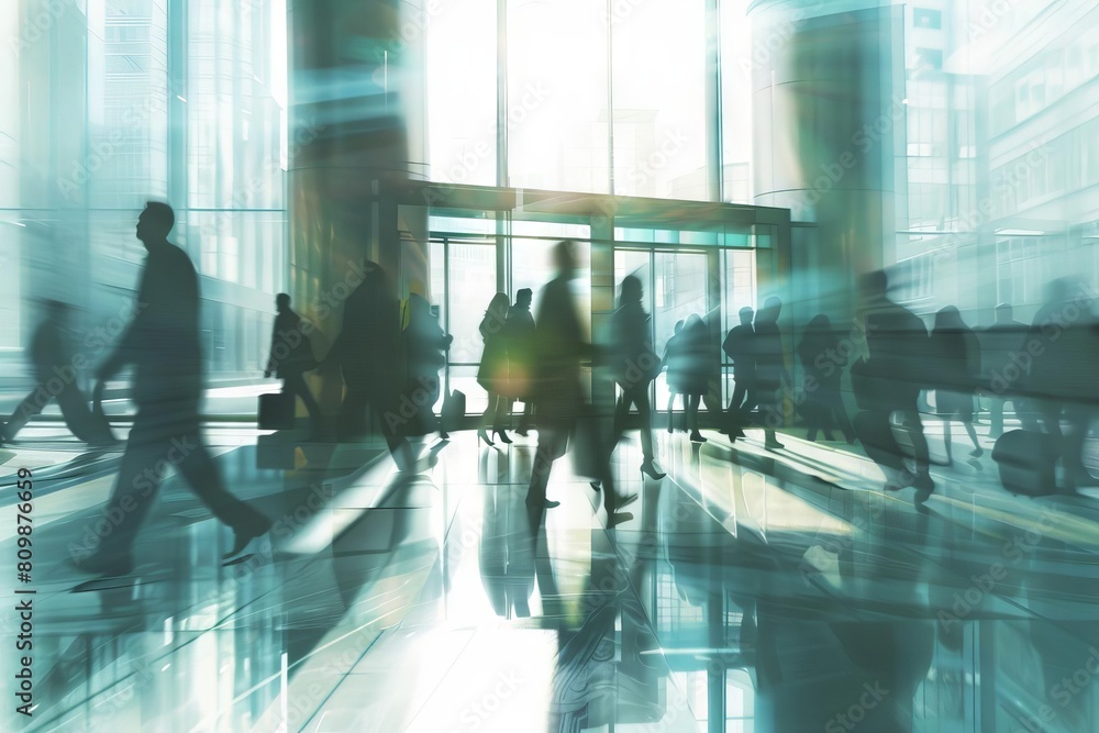 Wall mural blurred motion of business people rushing in office lobby aigenerated illustration