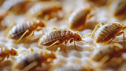 Macro photography of bed bugs on a mattress, highlighting their interaction and movement