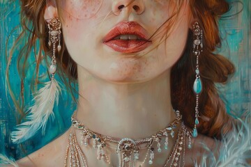 bohemian enchantment woman with delicate feather and boho jewelry closeup portrait oil painting - Powered by Adobe