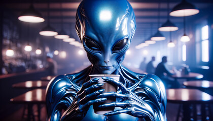 Metallic blue alien with large eyes holding a coffee cup in a modern bar setting, AI-generated.
