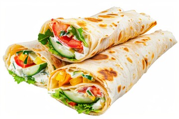Vegetable Tortilla Rolls, Burrito with Cream Cheese, Tomato, Bell Pepper, Cucumber, Lettuce and Spicy Sauce