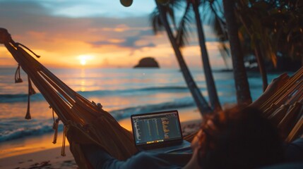 A person relaxing in a hammock by the beach with a laptop displaying a balanced investment portfolio