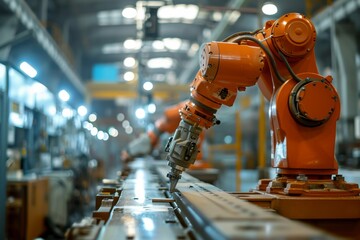 The industrial robot works automatically in the smart autonomous factory, illustration Industrial robot works, AI-generated
