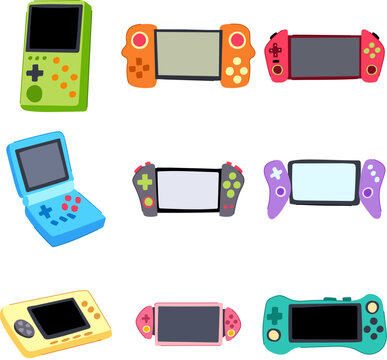 portable gaming device set cartoon. play control, joystick gadget, digital console portable gaming device sign. isolated symbol vector illustration