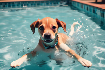 A cute dog swimming in a swimming pool