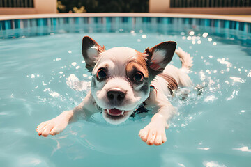 A cute dog swimming in a swimming pool